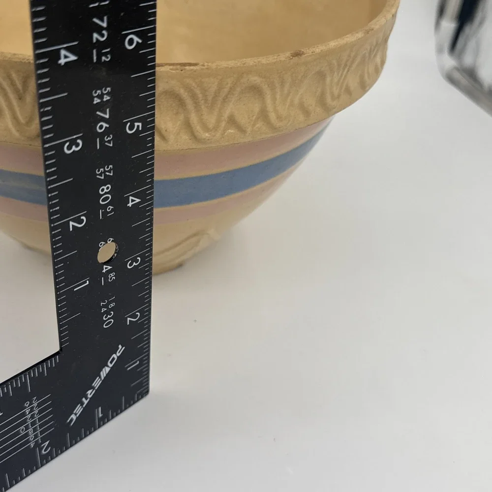 Yellowware Mixing Bowl Brown w/Pink & Blue Bands Crust Rim 9.5